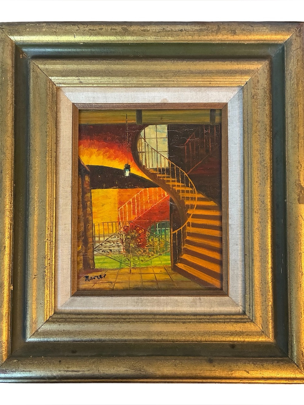 Moody Painting Spiral Staircase Original Oil Signed Framed Multicolor Painting